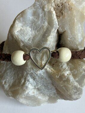 Braided Brown Bracelet w/ Heart Charm & Cream Beads